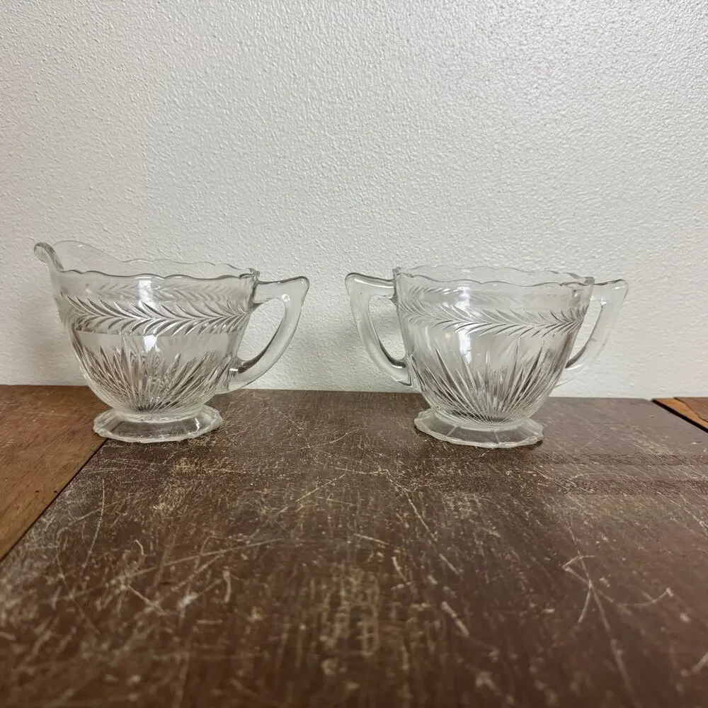 Vintage Jeanette Sunburst Pressed Clear Glass‎ open Sugar and Creamer Set